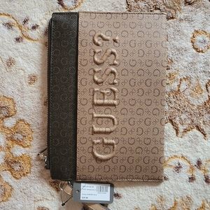 GUESS Beige and Brown Embossed Logo Wristlet Clutch